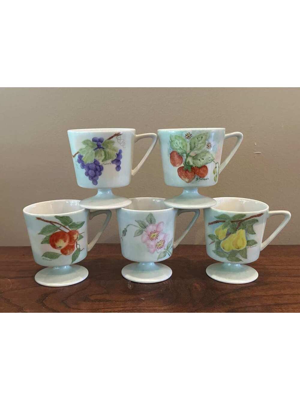 Vintage Footed Mugs Hand Painted Fruit Ceramic Coffee Cups by G. Tubach Set of 5